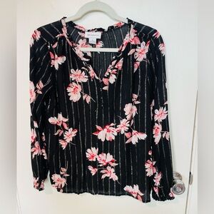 Liz Claiborne black floral print metallic v-neck long sleeve top ladies sz M